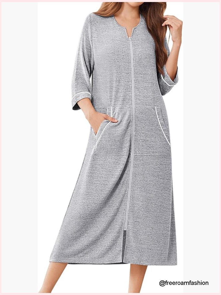 Lightweight Zip Front Housecoat With Pockets Long Moo Moo Nightgown